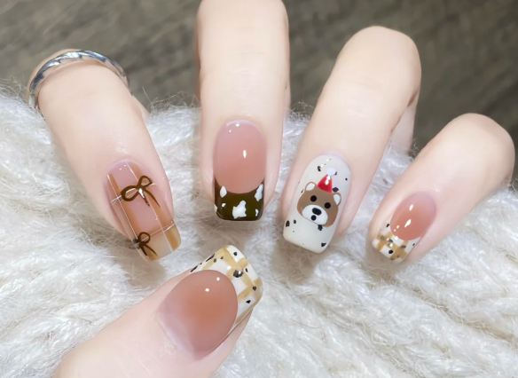 格纹手绘小熊美甲教程，南宁美甲教学分享