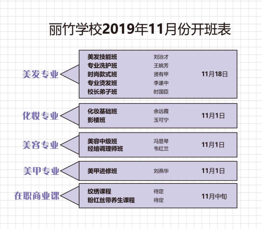 丽竹学校冬令时课程时间安排表第二件:11月开班课程表出炉件:从11月1
