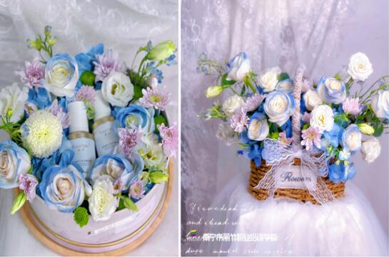 南宁花艺培训作品：竹编手提花篮+奶油花盒+韩系桌花