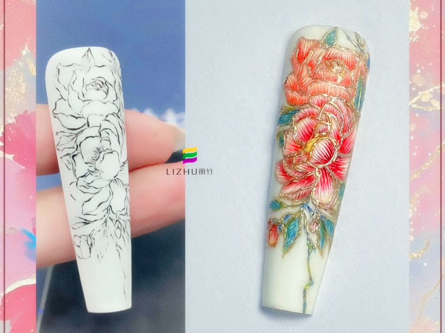 国风刺绣牡丹美甲，广西美甲设计学校作品