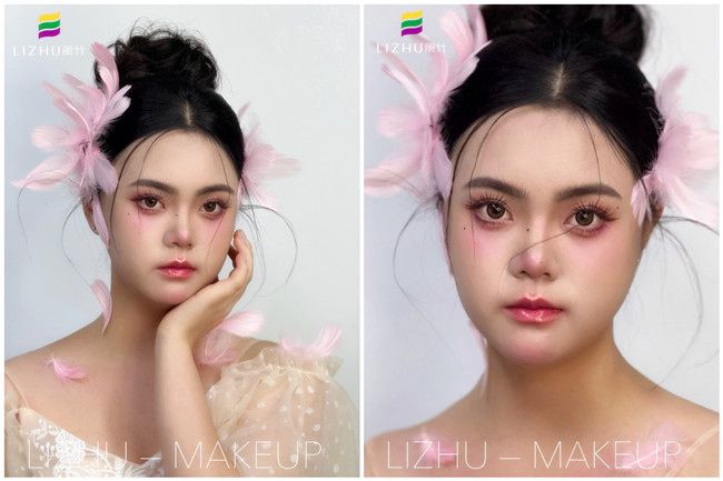 粉色羽毛写真作品，广西学化妆操作