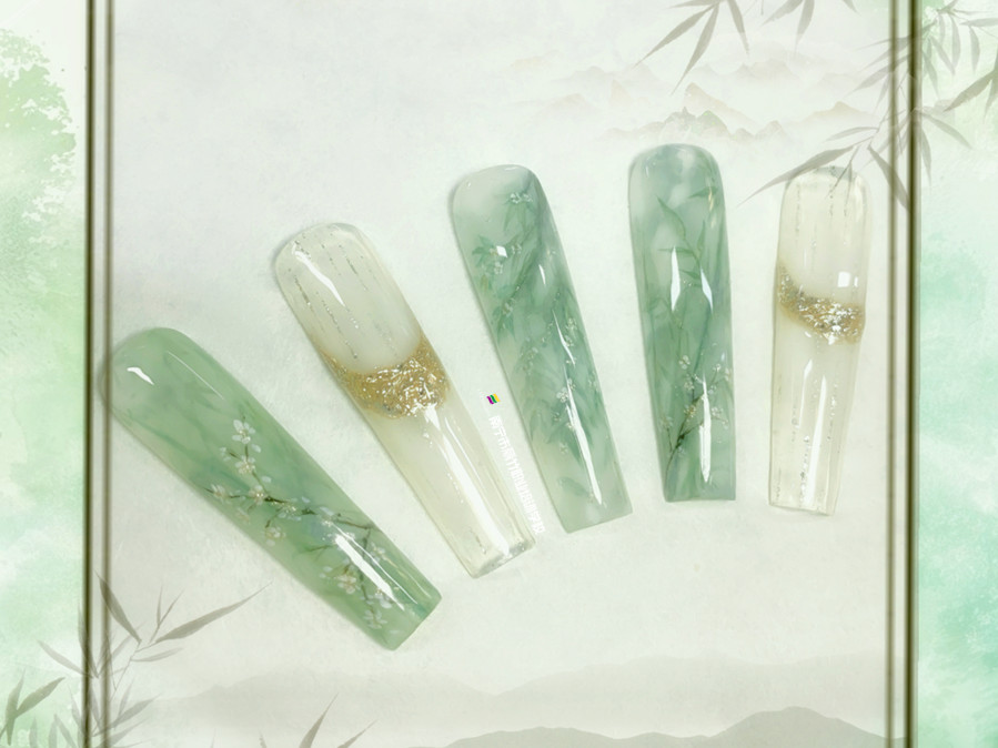 0基础美甲教学：水彩彩绘美甲作品---青黛